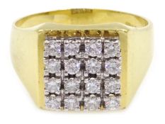 Gentleman's 18ct gold square panel ring, set with sixteen round brilliant cut diamonds,