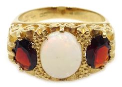 Three stone garnet and opal 9ct gold ring hallmarked Condition Report Q 6.