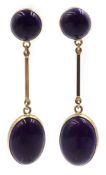 Pair of 9ct gold cabochon amethyst pendant earrings,