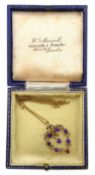 Edwardian amethyst and seed pearl pendant necklace stamped 9ct Condition Report