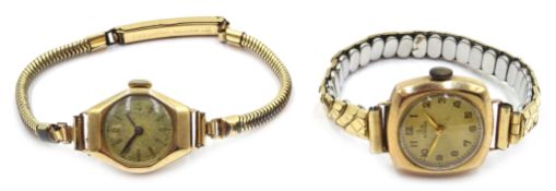 Record early 20th century 9ct gold wristwatch and a similar watch both on plated bracelets