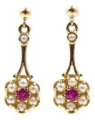 Pair of 9ct gold seed pearl and ruby pendant earrings,