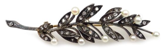 Gold and silver diamond and seed pearl leaf brooch Condition Report Length =