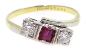 Art Deco three stone ruby and diamond ring stamped 18ct plat Condition Report P-Q 2.