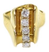 Gold five stone panel set diamond ring, stamped 14K Condition Report Approx 7.