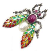 Silver plique-a-jour ruby,