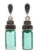 Pair of silver marcasite and green stone set earrings,