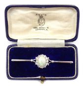 18ct white gold opal and diamond cluster bar brooch by B&S Birmingham 1980 Condition