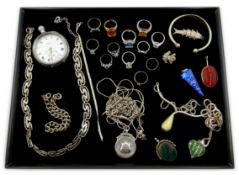 Silver and stone set silver, necklaces, Albert T bar and clip, bracelets, pocket watch by J.