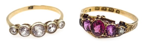 Graduating five stone rock crystal ring stamped 9ct and a mid-Victorian amethyst 12ct gold ring