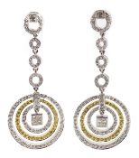 Pair of 18ct gold white and yellow diamond circular pendant earrings,