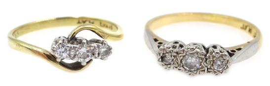 Two three stone diamond rings stamped 18ct plat Condition Report sizes L and O 4.