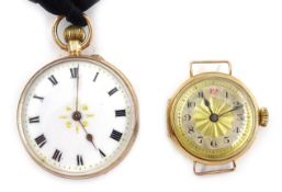 Continental 9ct gold and enamel mid size pocket watch and a similar continental wristwatch both