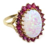 9ct gold opal and ruby cluster ring, hallmarked Condition Report Approx 3.