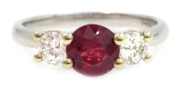 18ct white gold three stone diamond and ruby ring,