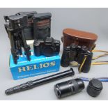 Pair of Carl Zeiss Jena 10x50w binoculars in leather carrying case, Yashica 270 35mm camera, boxed,