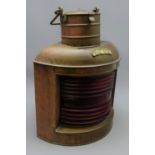 Ship's copper Port lamp, D-shaped body with red glass lens, original burner and chimney,