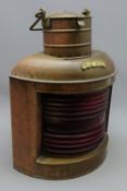 Ship's copper Port lamp, D-shaped body with red glass lens, original burner and chimney,