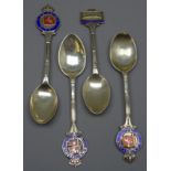 Four Cunard silver & enamel souvenir spoons for RMS Ascania (2), RMS Ivernia, & RMS Queen Elizabeth,