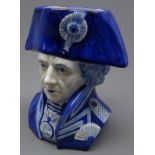 Delft blue & white character jug of Admiral Lord Nelson, H20.