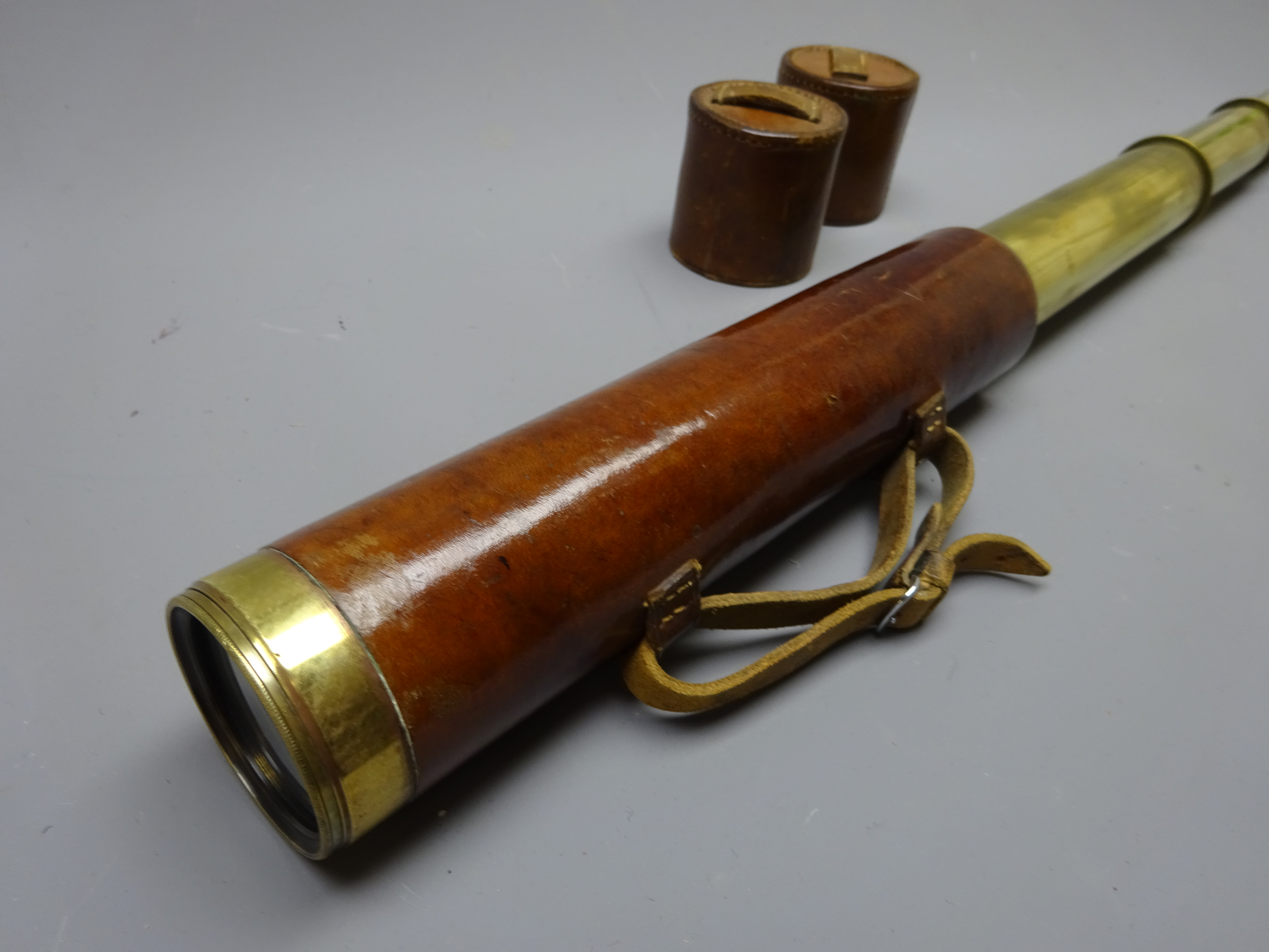 Leather and brass three-draw telescope engraved ' Reconditioned for John Barker & Co. - Image 3 of 3