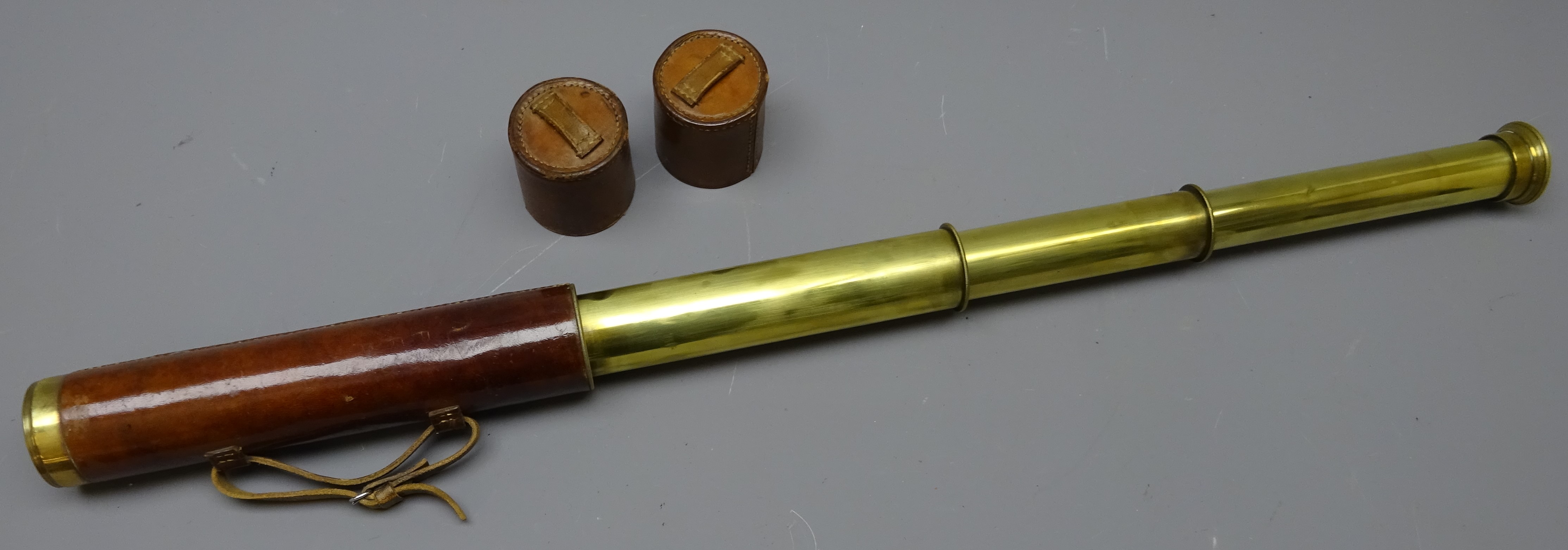 Leather and brass three-draw telescope engraved ' Reconditioned for John Barker & Co. - Image 2 of 3