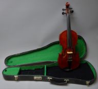 Early 20th century violin, French or German, with 36cm one-piece maple back and ribs and spruce top,