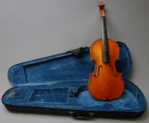 Late 19th/early 20th century French Mirecourt violin for completion with 36cm two-piece maple back