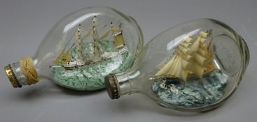 Two three masted ships models in bottles,