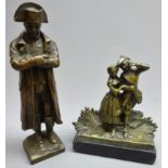 Bronzed cast spelter model of Napoleon standing with arms folded on a square base,