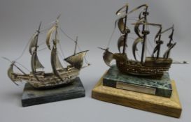 Hallmarked silver model of the Mary Rose on rectangular marble base, hallmarked silver plaque,