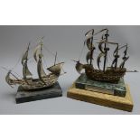 Hallmarked silver model of the Mary Rose on rectangular marble base, hallmarked silver plaque,