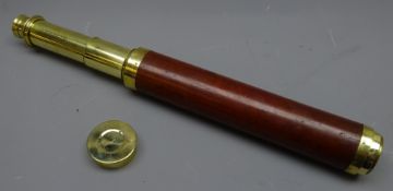 19th century mahogany and brass two-draw telescope, inscribed 'T.