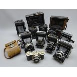 Collection of various Vintage cameras including: Lubitel, Ricoh twin lens reflex,