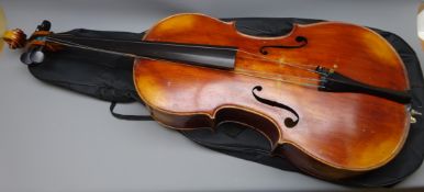 Mid-19th century German cello with 74cm two-piece maple back and ribs and spruce top, L121cm,