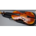 Mid-19th century German cello with 74cm two-piece maple back and ribs and spruce top, L121cm,