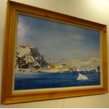 Colin Verity (1924-2011) Exploration vessel at anchor near the icepack, oil on canvas, signed,