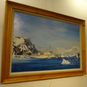 Colin Verity (1924-2011) Exploration vessel at anchor near the icepack, oil on canvas, signed,