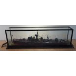 Scratch built scale model of a WW1 gunship, wooden hull with copper rails, in glazed display case,