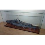 Scale model of HMS Amethyst F116, built by M H Lawford, grey above and red below water line,