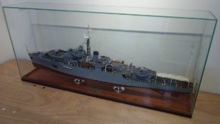 Scale model of HMS Amethyst F116, built by M H Lawford, grey above and red below water line,