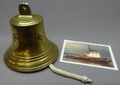 Large ship's brass bell, named 'Lady Thelma 1967' with clapper and knotted rope pull, H28cm,