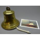 Large ship's brass bell, named 'Lady Thelma 1967' with clapper and knotted rope pull, H28cm,