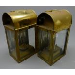 Pair of ship's brass saloon lamps, each with arched vented top, three glass sides,
