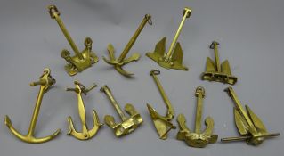 Collection of ten cast brass models of various types of ship Anchors including : Admiralty, Spek,