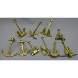 Collection of ten cast brass models of various types of ship Anchors including : Admiralty, Spek,