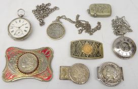 Victorian silver pocket watch, Birmingham 1889, USA 1921 Morgan Dollar mounted as a belt buckle,