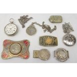 Victorian silver pocket watch, Birmingham 1889, USA 1921 Morgan Dollar mounted as a belt buckle,