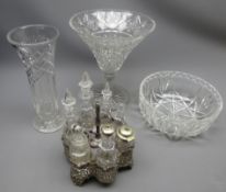 Edwardian six bottle silver-plated cruet, large Bohemian cut glass trumpet form footed centrepiece,