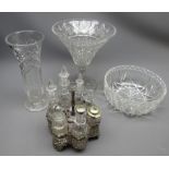 Edwardian six bottle silver-plated cruet, large Bohemian cut glass trumpet form footed centrepiece,